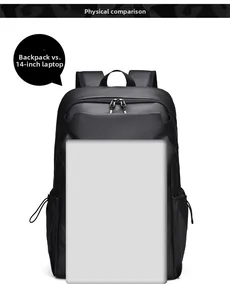 Size comparison of the black waterproof laptop backpack with a 14 inch notebook