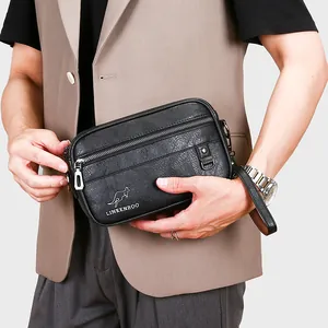 Men's black lychee leather crossbody bag and clutch with kangaroo logo and zipper detail