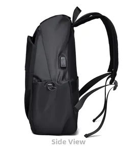 Side view of black business backpack showing built-in USB charging port and padded straps