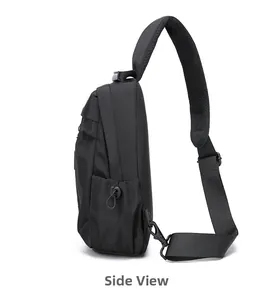 Side view of black crossbody bag showing mesh shoulder strap and drawstring side pocket