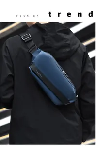 Close-up of high-density waterproof navy chest bag with magnetic buckle and wide strap