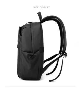 Side view of black water-resistant laptop backpack with padded straps and sleek finish