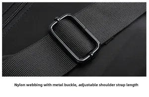 Close-up of adjustable nylon webbing strap with durable metal buckle for travel backpack