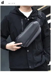Close-up of waterproof grey mini chest bag with magnetic buckle and black strap