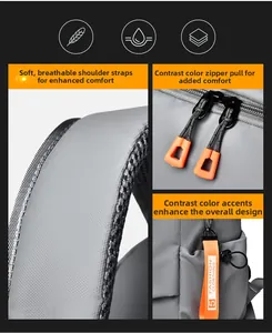 Détails des bretelles en maille respirante et zips orange sur le sac à dos de voyage gris