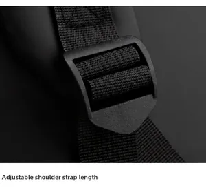 Detail of adjustable shoulder strap buckle on black waterproof laptop backpack