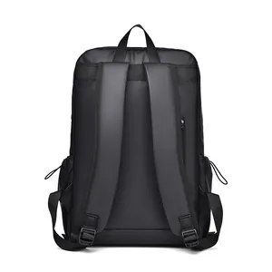 Rear view of a black minimalist waterproof laptop backpack with padded shoulder straps