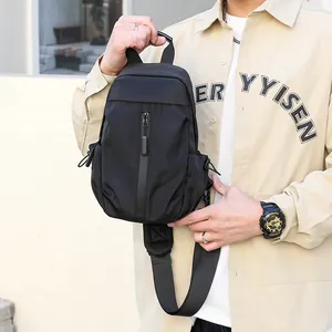 Men's large capacity black nylon chest bag with adjustable drawstring side pockets