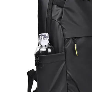 Waterproof black backpack side pocket detail with yellow zipper accent and bottle holder