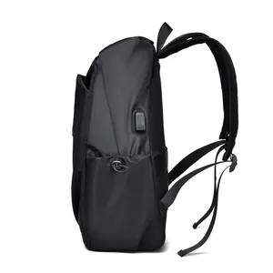 Waterproof black laptop backpack for men with external USB port and side pocket