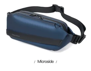 Close-up of waterproof dark blue chest bag showing durable buckle and branded strap