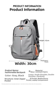 Guide des dimensions du sac à dos de voyage gris montrant la taille 42x30x15cm et détails