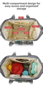 Detail view of large capacity diaper bag showing dry-wet separation and internal pockets