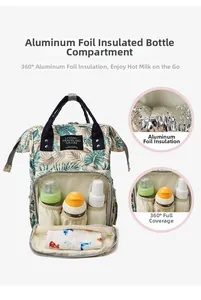 Detail of insulated milk bottle pockets and waterproof lining in tropical print diaper bag