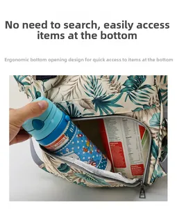 Detailed view of the bottom zipper opening for quick access to baby supplies in the bag
