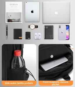 Detail of side water bottle pocket and front magnetic buckle pocket on black backpack