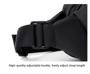 Detail of adjustable high-plastic buckle and durable nylon strap on black chest bag