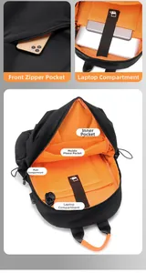Detailed view of the laptop backpack interior with orange lining and multiple storage pockets