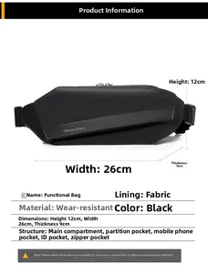 Detailed size chart and internal structure for the black multi-pocket tactical chest bag
