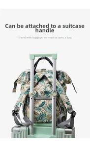 Detail of tropical leaf backpack with a back strap securely attached to luggage handle