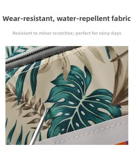 Detailed view of water-repellent leaf print fabric showing scratch-resistant texture