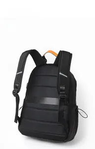 Detail view of ergonomic breathable mesh back panel and reflective safety straps on backpack