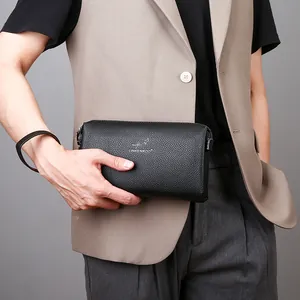 Herren Business Handtasche aus schwarzem Leder mit Handschlaufe und Textur