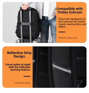 Detail of backpack showing trolley sleeve and reflective safety stripes on shoulder straps