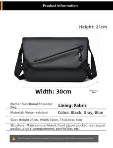 Tabella dettagliata delle dimensioni 30x21x8cm per la borsa a tracolla da uomo