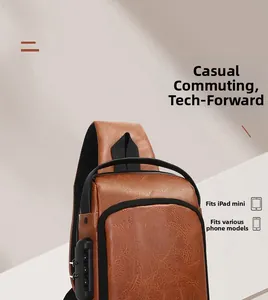 Detail view of the brown leather sling bag featuring a 3-digit security combination lock