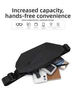 Detailed view of spacious interior compartments for a large black minimalist chest bag