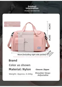Pink nylon travel bag dimensions detail showing 46cm width and durable zip pockets