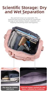 Pink fitness bag detail showing large capacity interior with wet and dry separation area