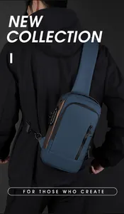 Detail of navy blue anti-theft sling bag featuring a 3-digit combination lock on the side
