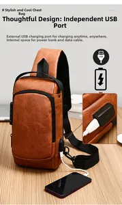Detail view of anti-theft combination lock and USB charging port on brown leather chest bag