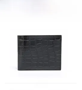 Front view of black men's short wallet featuring crocodile embossed texture and stitching