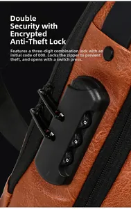 Detail of the three-digit anti-theft combination lock on a vintage brown leather chest bag
