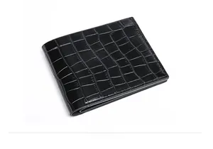 Top view of men's business casual wallet with black crocodile texture and fine stitching
