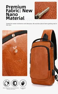 Detailed view of water-resistant and anti-scratch nano fabric on brown men's chest bag