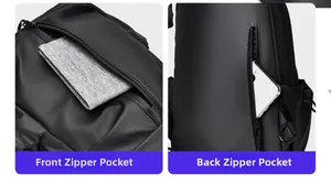 Détail du sac à dos montrant les poches zippées fonctionnelles à l'avant et à l'arrière