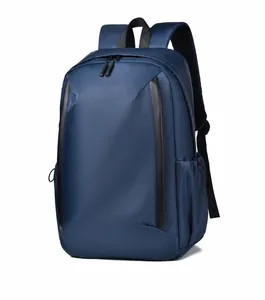 Detail view of water-resistant navy blue laptop backpack with thick handle and dual zippers