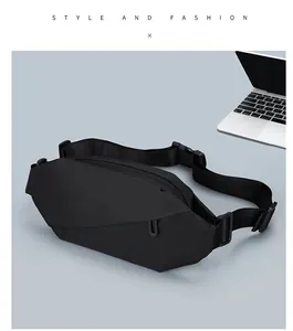 Detail of waterproof black oxford fabric chest bag with adjustable strap and buckle