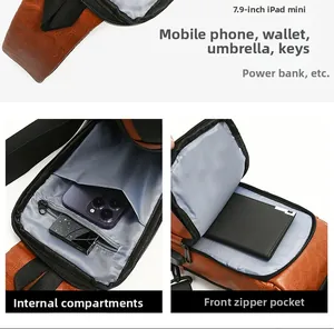 Detail of crossbody bag interior compartments holding a 7.9-inch iPad mini and daily items