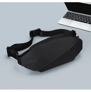 Detail of minimalist black oxford waist bag with adjustable strap and buckle closure