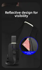 Detail of chest bag featuring reflective safety strip, card pocket, and USB charging port