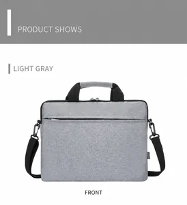 Borsa per laptop grigio chiaro con tessuto testurizzato, manico nero e tasca con zip