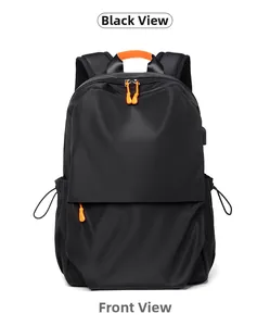 Front view of black waterproof nylon laptop backpack with contrast orange handles and zippers