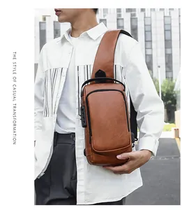 Detail of a brown PU leather chest bag featuring a secure three-digit combination lock