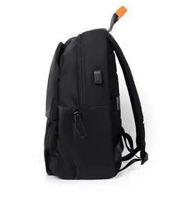 Side view of black laptop backpack with USB charging port and adjustable mesh side pocket