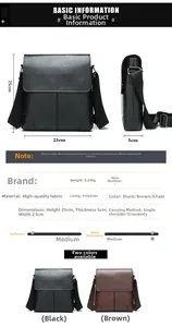 Detailed technical specifications and dimension chart for the men's crossbody bag